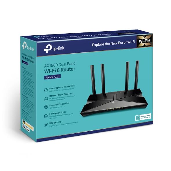 TP-LINK Archer AX20 AX1800 Dual-Band Wi-Fi 6 Router with four antennas and USB port, designed for high-speed internet connectivity.